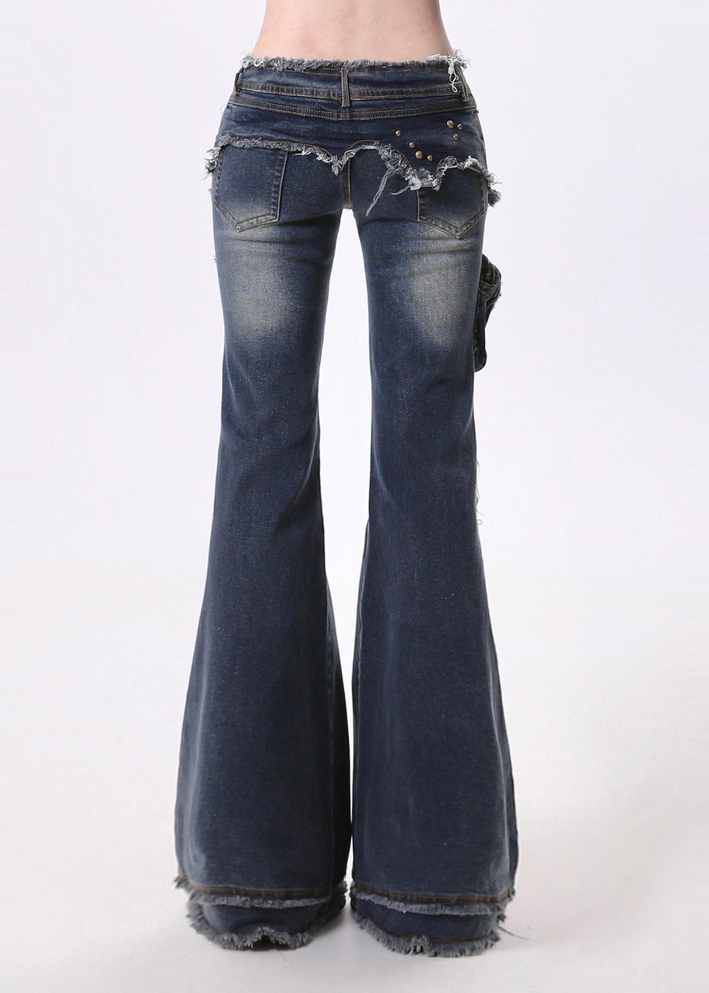 Navy Tasseled Patchwork Pockets Denim Flare Bottoms Pants Spring
