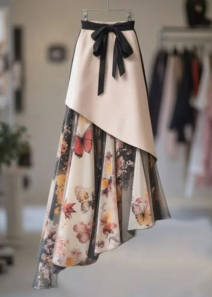 Asymmetrical Print High Waist Chiffon Patchwork Skirts Spring