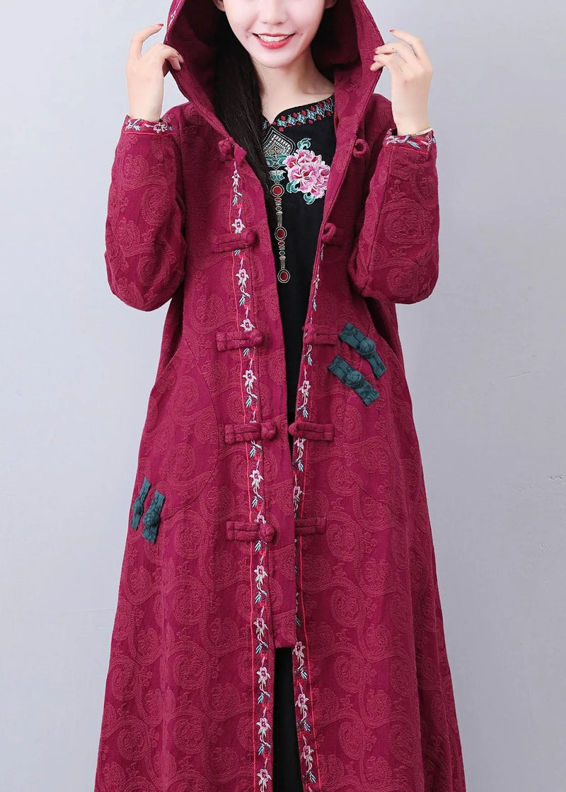 Art Brick Red Hooded Embroideried Jacquard Long Coat Fall