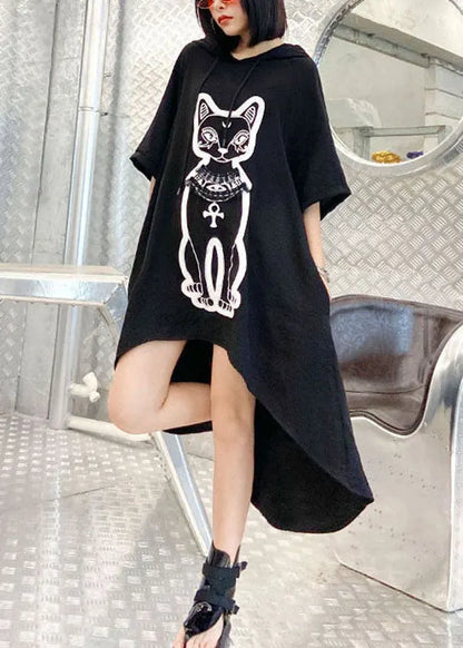 Organic Black Hooded Drawstring Low High Design Print Sweatshirts Dress Spring