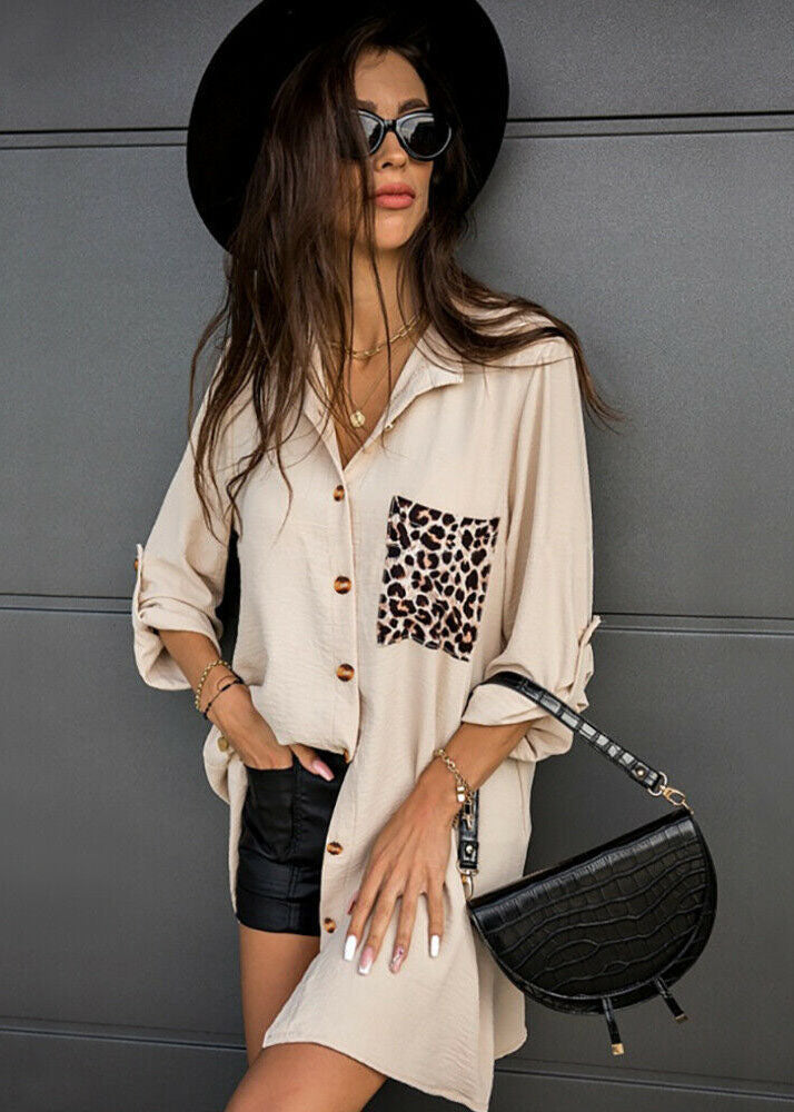 Khaki Patchwork Leopard Print Cotton Shirt Draping Long Sleeve