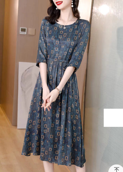 Vogue Blue O-neck Plaid Drawstring Tie Waist Silk Party Dress Half Sleeve