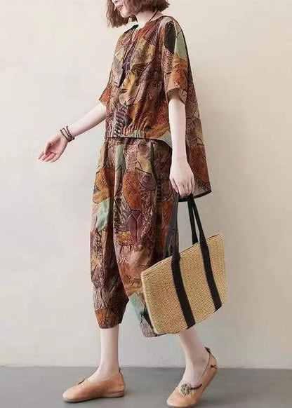 Chocolate O-neck Asymmetrical Design Print Cotton Two Pieces Set Summer
