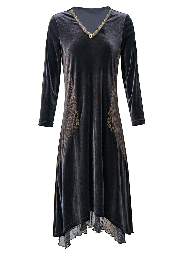 Black V Neck Ruffled Zircon Patchwork Velour Dress Fall