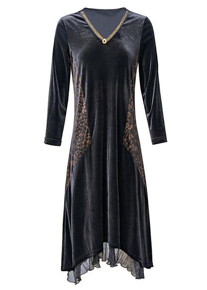 Black V Neck Ruffled Zircon Patchwork Velour Dress Fall