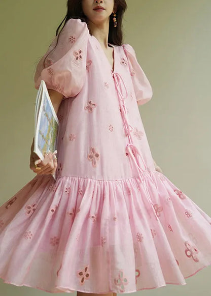Pink V Neck Hollow Out Lace Up Cotton Dress Summer