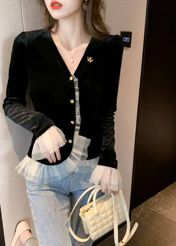 Classy Black V Neck Tulle Patchwork Velour Top Spring