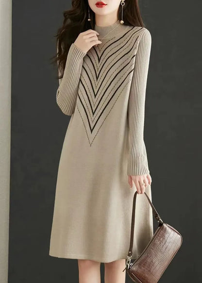 Apricot O Neck Print Zircon Patchwork Knit Dress Fall