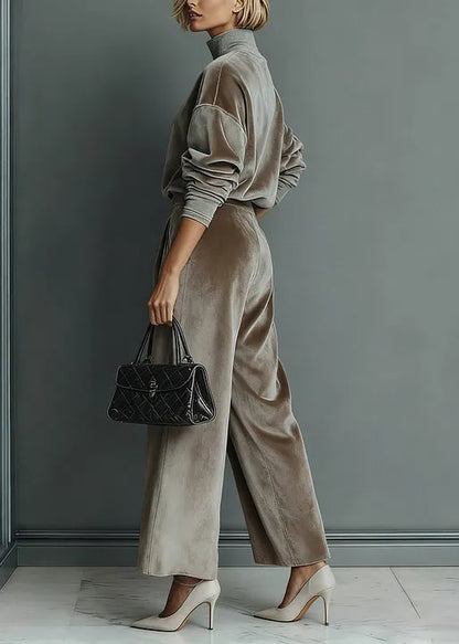 Loose Grey Turtleneck Pockets Tops and Pants Silk Velvet Two Pieces Set Spring