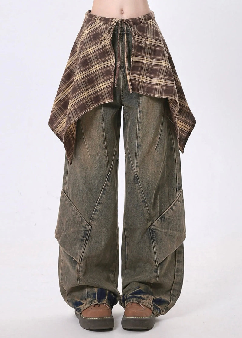 Oversized Patchwork Denim Wide Leg Pants Spring