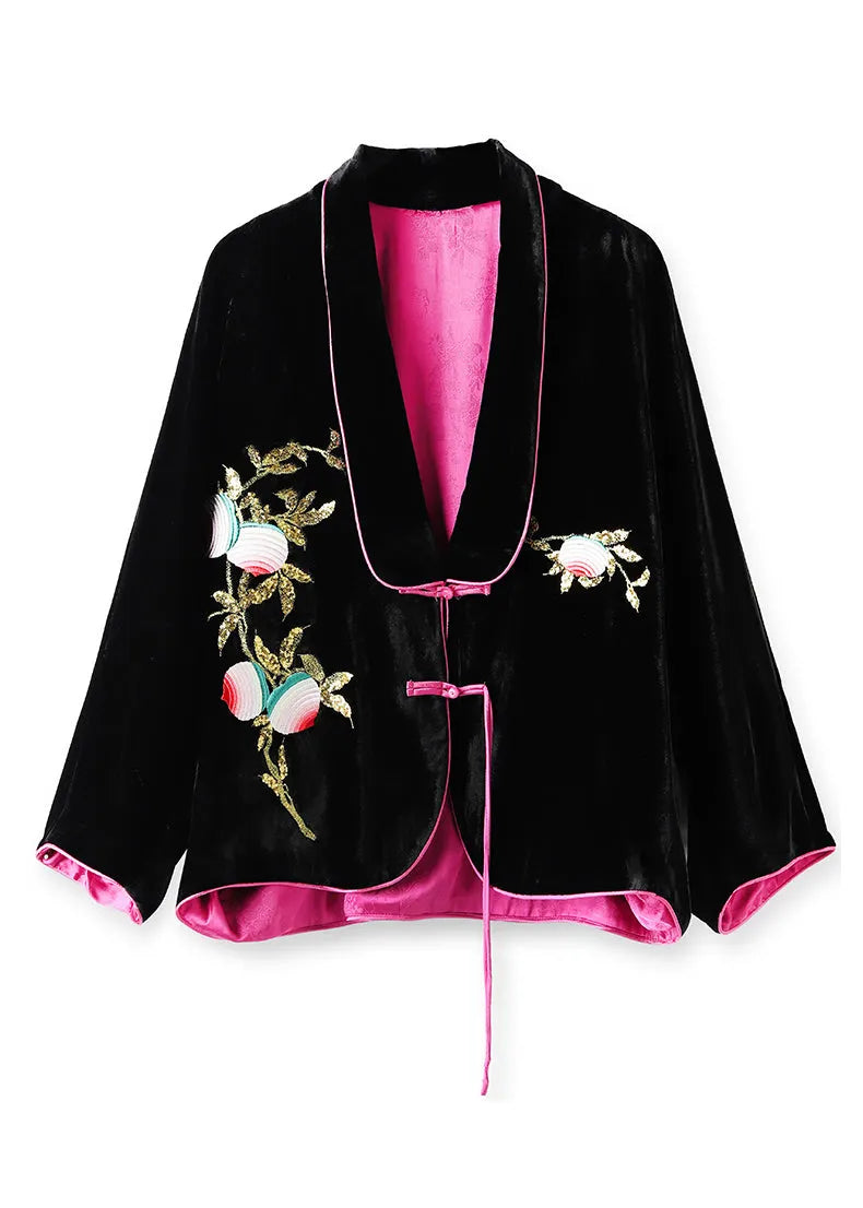 Black Chinese Button Embroideried Silk Velour Coats Long Sleeve