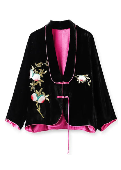 Black Chinese Button Embroideried Silk Velour Coats Long Sleeve