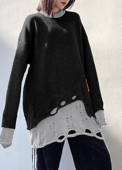For Spring Gray Sweater Tops O Neck Hole Knitted Blouse