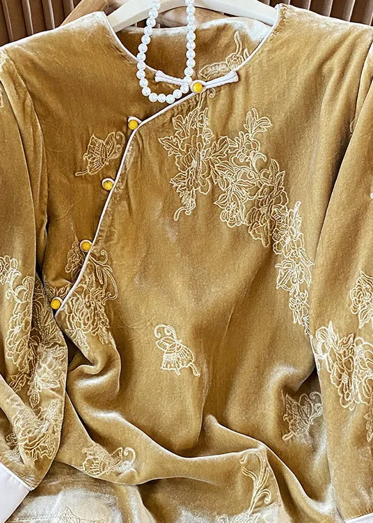 Yellow Oriental Button Jacquard Velour Shirt Top Spring