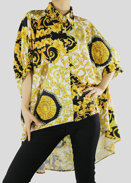 Diy Yellow Low High Design Peter Pan Collar Print Shirt Batwing Sleeve