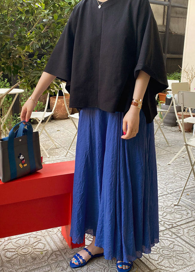 Blue Wrinkled Elastic Waist Cotton Skirt Summer