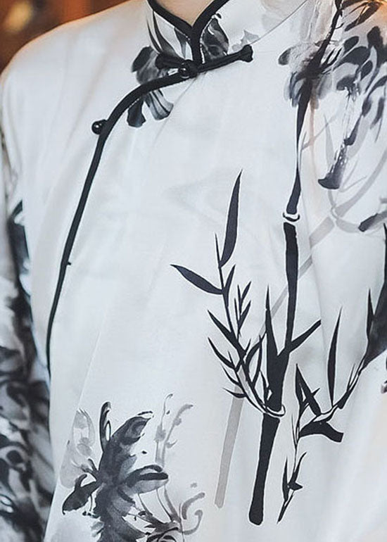 Chinese Style White Stand Collar Button Print Silk Top Spring