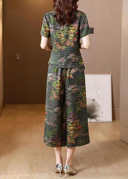 Green Stand Collar Print Patchwork Silk Two Pieces Set Summer