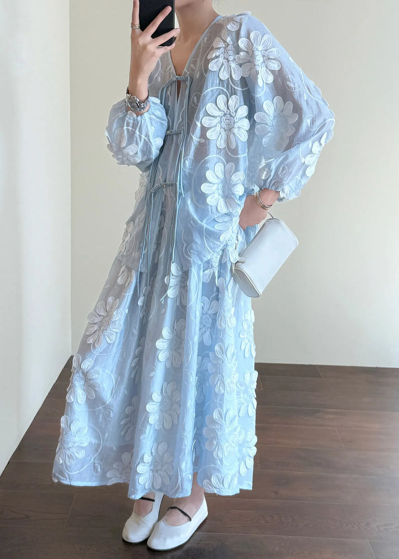 Blue Chinese Button Shirts and Skirts Silk Two-piece Set Fall
