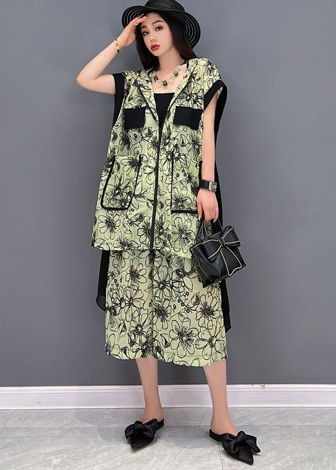 Green Hooded Patchwork Print Low High Design Chiffon Two Pieces Set Summer