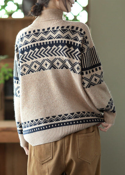 Handmade Apricot Turtle Neck Thick Print Knit Pullover Spring
