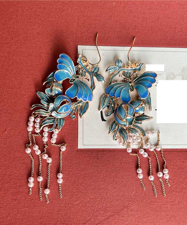 Retro Blue Sterling Silver Overgild 14k Gold Pearl Oli Drip Cloisonnedrop Earrings