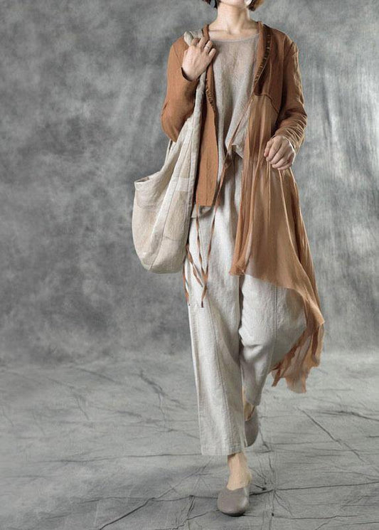 Khaki Tie Waist Patchwork Asymmetrical Design Fall Jackets Long Sleeve