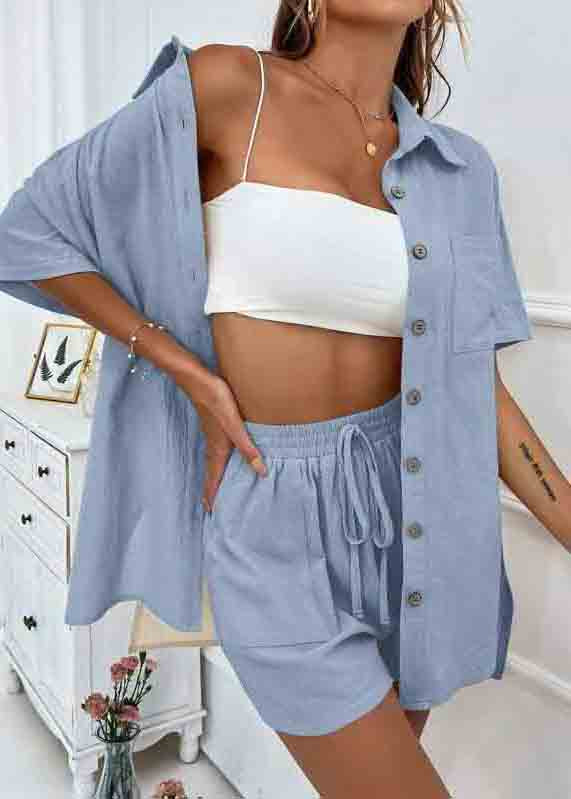 Blue Oversized Cotton Pajamas Two Pieces Set Summer