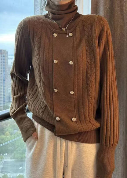 Diy Chocolate Turtle Neck Patchwork Thick Knit Knitted Tops Winter