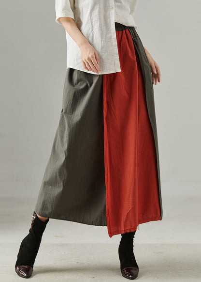 Red Elastic Waist Patchwork Cotton Skirts Spring