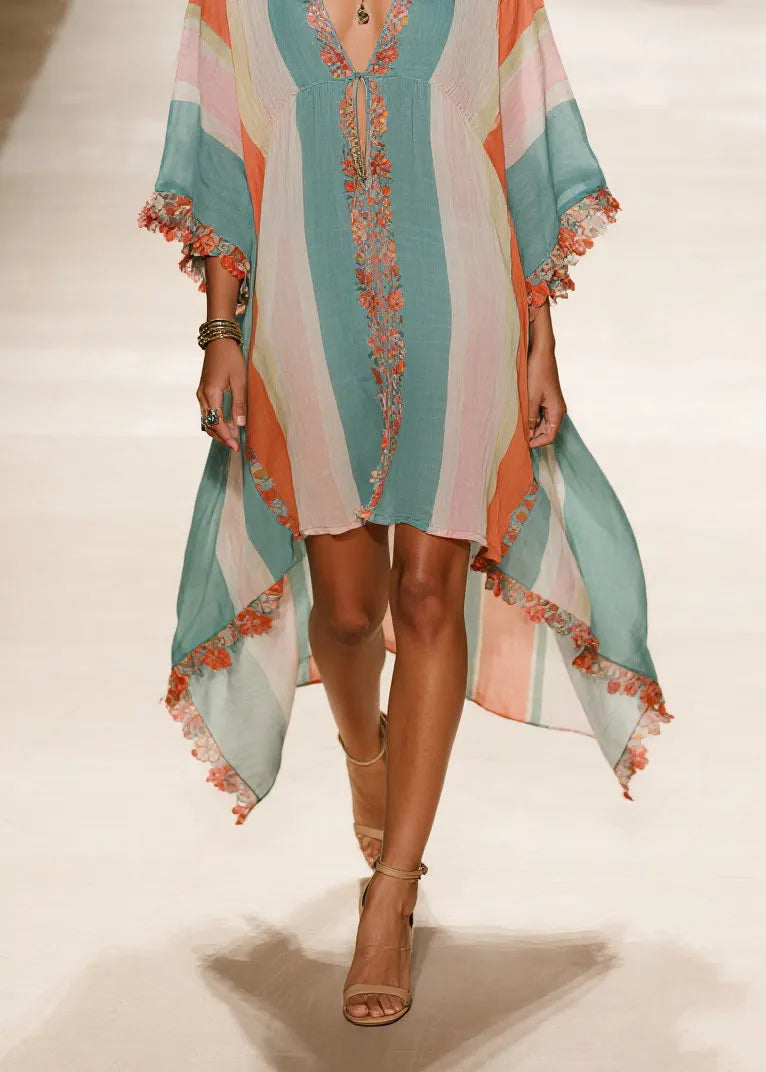 V Neck Asymmetrical Patchwork Cotton Dress Summer