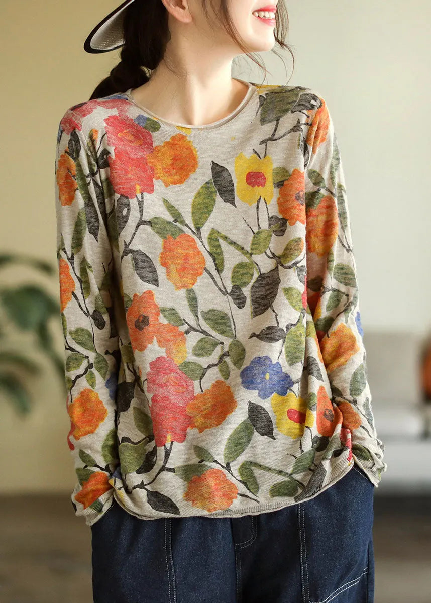 Beige O-neck Print Cotton Knitted Top Long Sleeve