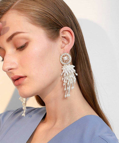 White Hollow Out Pearl Tassels Exaggeration Alloy Drop Earrings