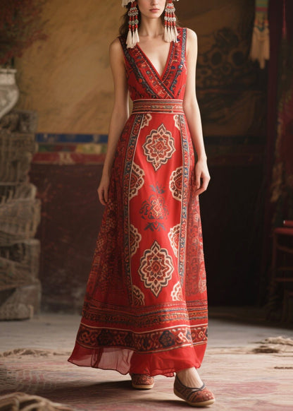 Red V Neck Print Chiffon Tunic Dress Sleeveless
