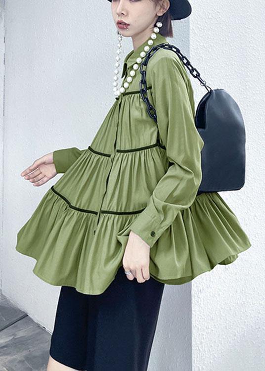 Organic Green Peterpan Collar Button Wrinkled Fall Blouses Long Sleeve