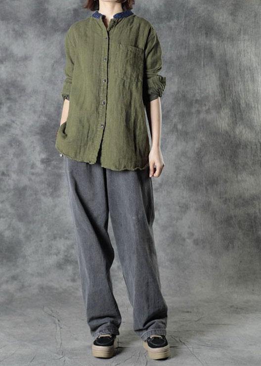 Organic Army Green Retro Pockets Fall Long Sleeve Top