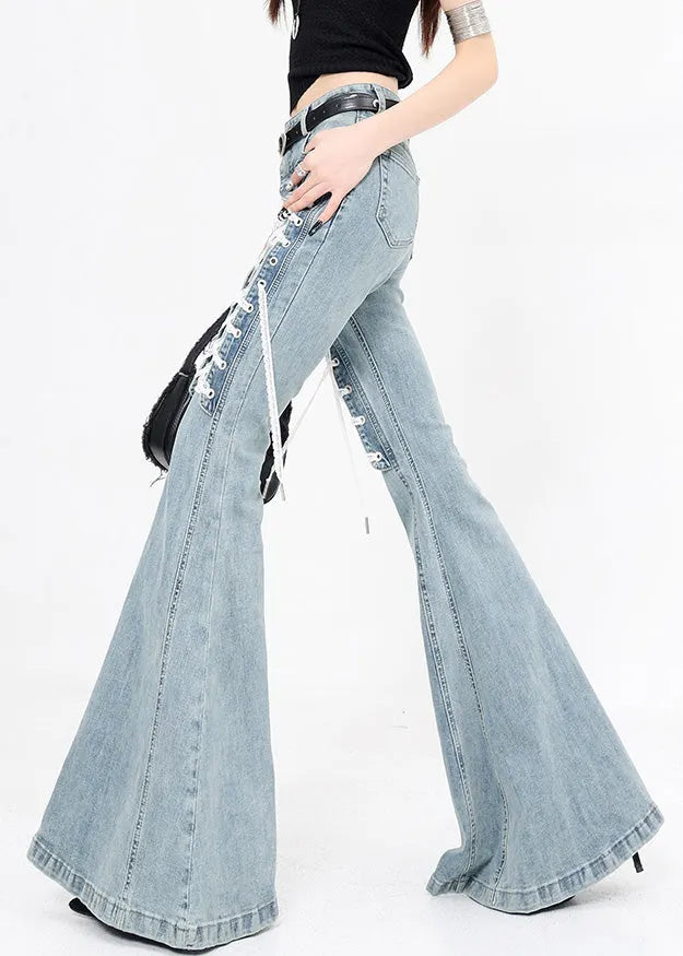 Original Design Blue Lace Up High Waist Denim Flared Trousers Fall