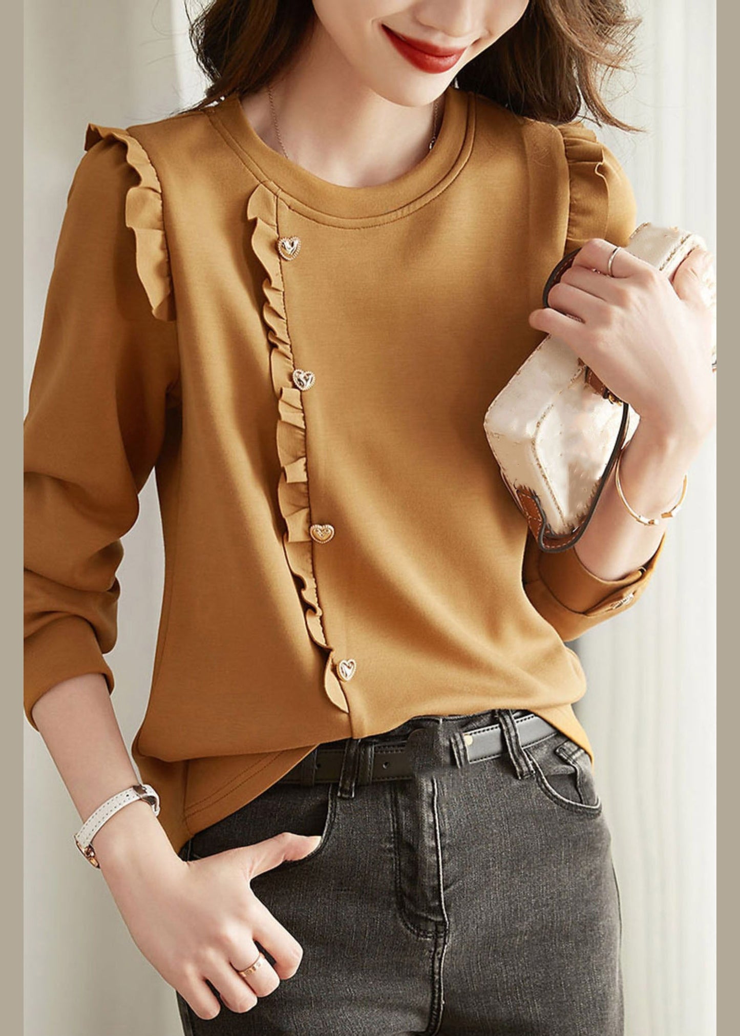 Loose Caramel O-neck Ruffled Button Cotton Sweatshirts Top Spring