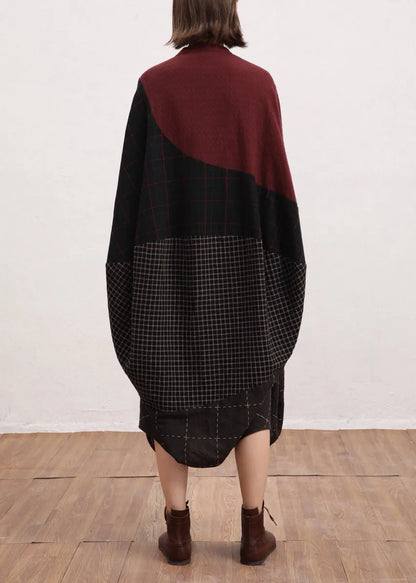 Red V Neck Plaid Patchwork Linen Dress Batwing Sleeve