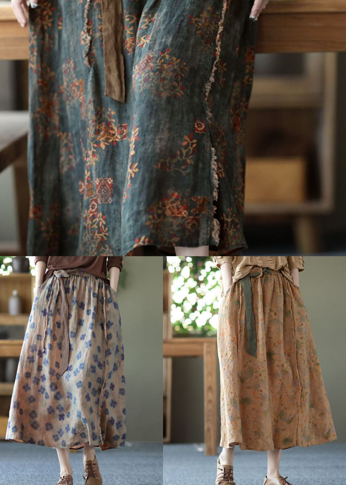 Stylish Apricot Wrinkled Pocketsprint Linen Skirts Summer