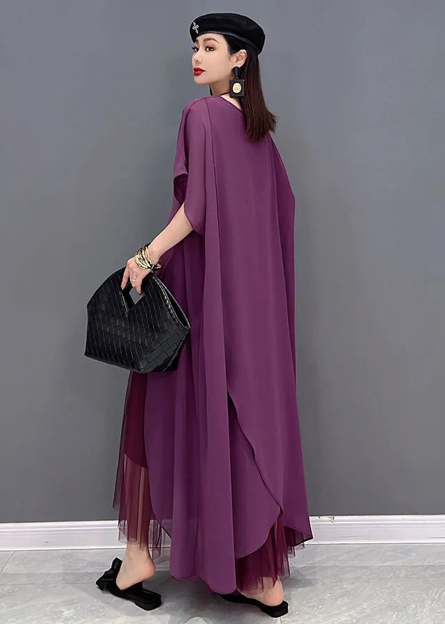 French Purple Asymmetrical Design Chiffon Dress and Cloak Two Pieces Set Summer