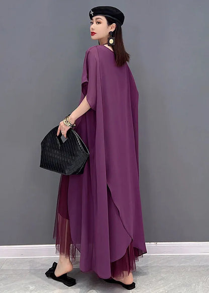 French Purple Asymmetrical Design Chiffon Dress and Cloak Two Pieces Set Summer