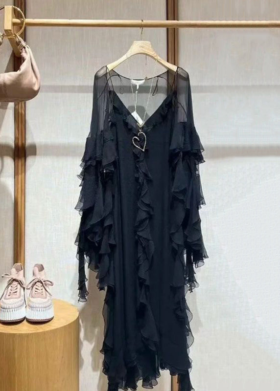 Italian Black V Neck Ruffled Two Piece Set Summer