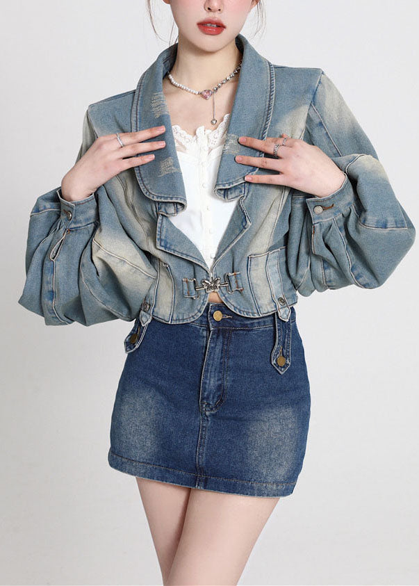Blue Patchwork Denim Coats Lantern Sleeve