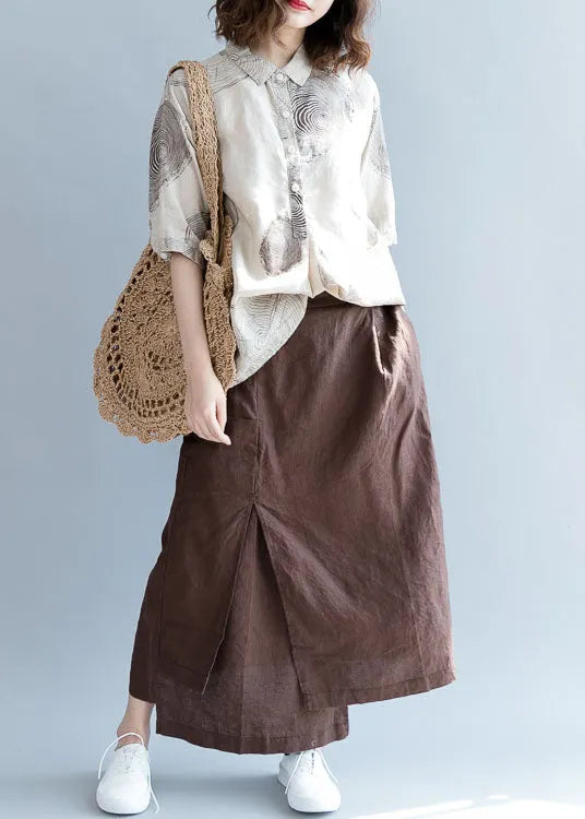 Art Beige Peter Pan Collar Print Cotton Blouse Tops Half Sleeve