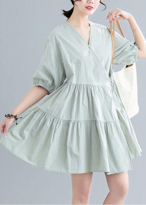 Green Short Sleeve a Line Dress Cotton