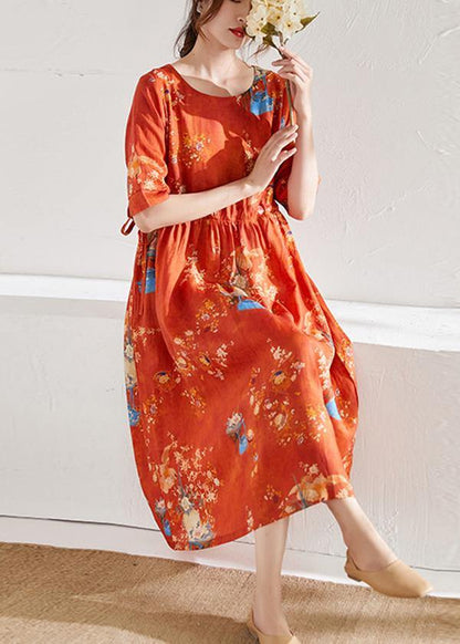 Style Orange Print O-neck Tie Waist Summer Ramie Party Dress Half Sleeve