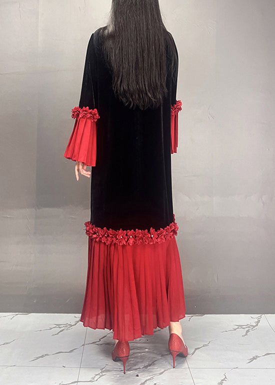 Red O Neck Chiffon Patchwork Velour Dresses Flare Sleeve