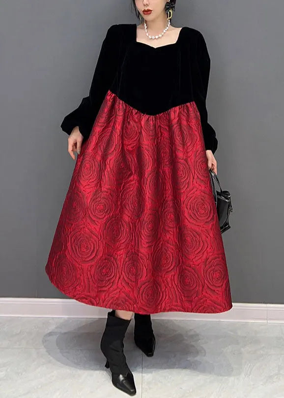 Colorblock U Neck Puff Sleeve Velour Patchwork Silk Princess Dress
