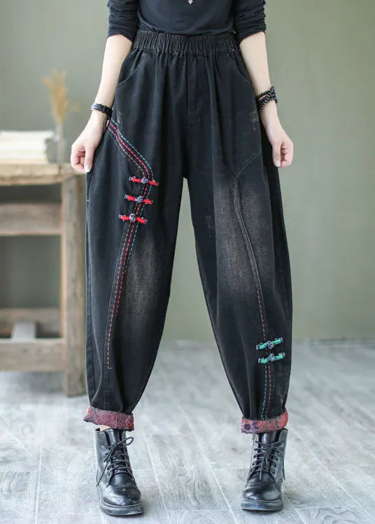 Natural Black Button Denim Harem Pants Spring